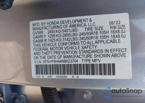 2022 Honda Passport Awd Trailsport z USA, uszkodzony, nr VIN 5FNYF8H64NB023704
